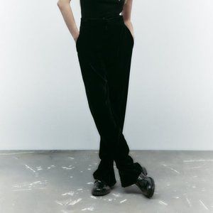Zara High Waisted Long Velvet Gathered Ankle Trousers L
